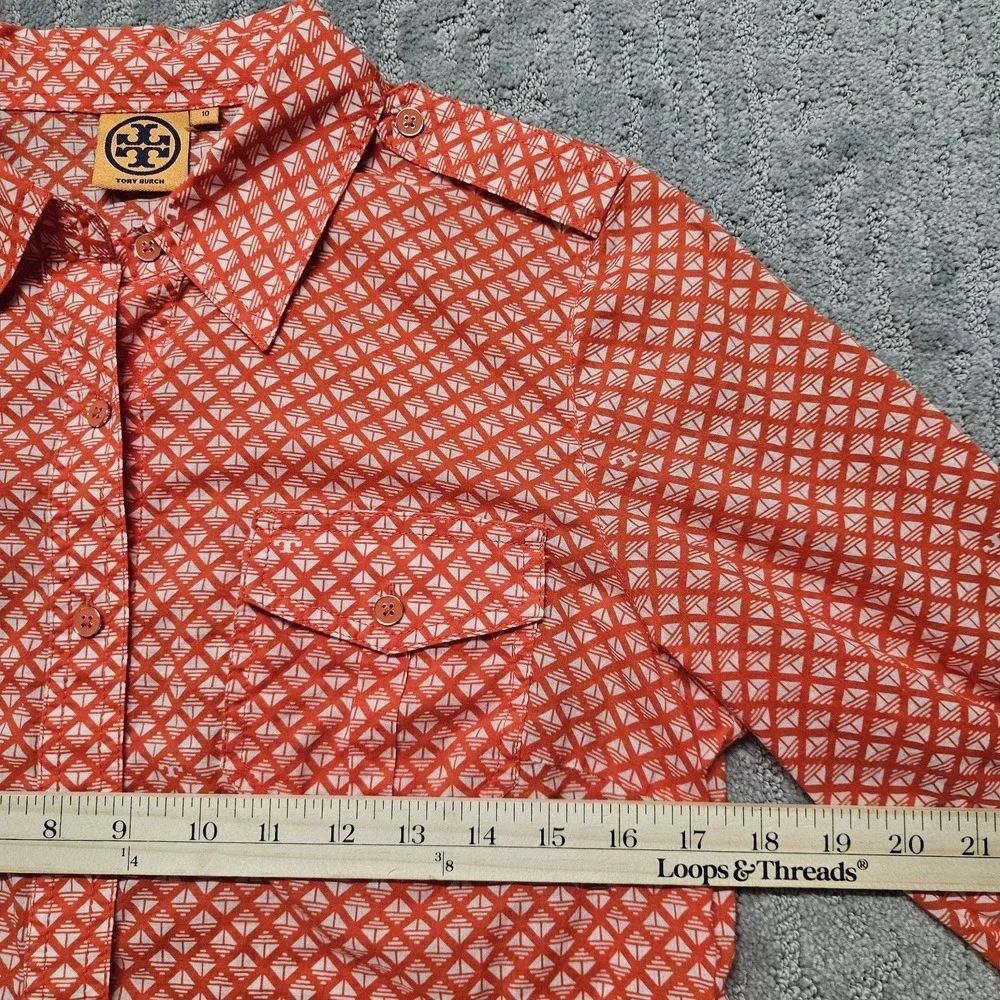 Tory Burch Abstract Design Shirt Blouse Lightweight Red White Womens‎ Sz 10